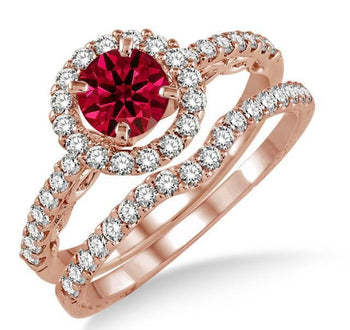1.5 Carat Ruby & Diamond Antique Floral Halo Bridal set on 9k Rose Gold