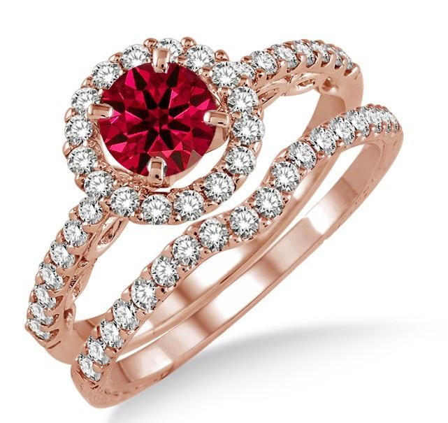 1.75 Carat Ruby & Diamond Antique Floral Halo Bridal set on Rose Gold