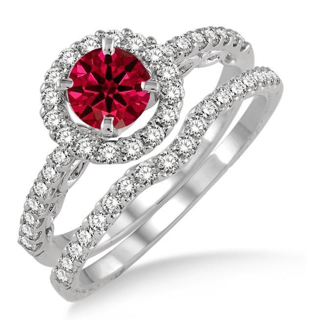 1.5 Carat Ruby & Diamond Antique Floral Halo Bridal set on 9k White Gold