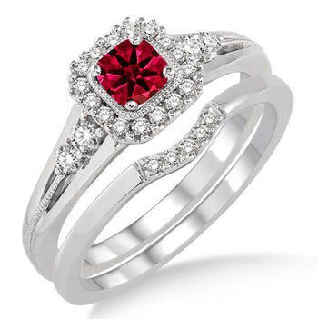 1.5 Carat Ruby & Diamond Bridal Set Halo Engagement Ring Bridal Set on 9k White Gold