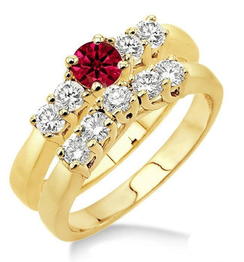 1.5 Carat Ruby & Diamond Five Stone Bridal Set on 9k Yellow Gold