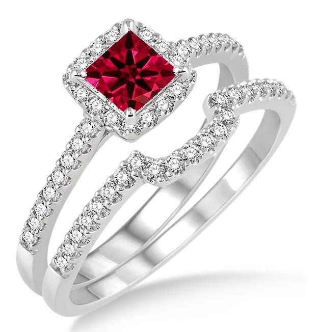 1.5 Carat Ruby & Diamond Halo Bridal Set on 9k White Gold