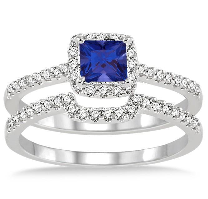 1.50 Carat Princess Cut Sapphire and Diamond Halo Bridal Set in White Gold