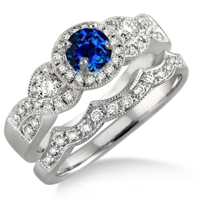 1.50 Carat Sapphire and Diamond Halo Bridal Set in White Gold
