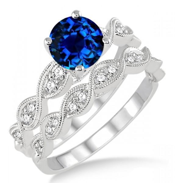 1.50 Carat Sapphire and Diamond intertwined Bridal Set Round Cut Diamond