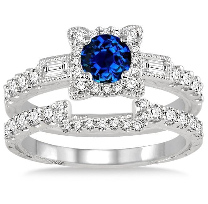 1.50 Carat Sapphire and Diamond Vintage Floral Bridal Set Engagement Ring in White Gold
