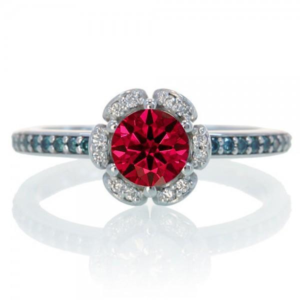 1.5 Carat Unique Flower Halo Round Ruby and Diamond Engagement Ring