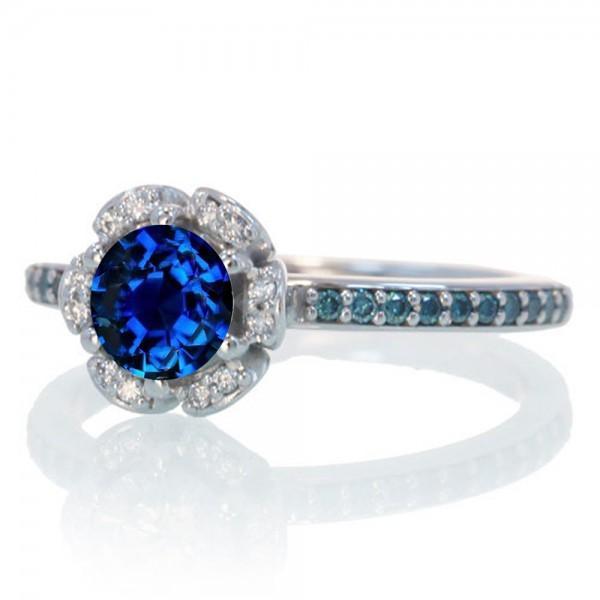 1.50 Carat Unique Flower Halo Round Sapphire and Diamond Engagement Ring