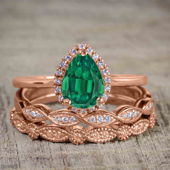 Bestselling 2.50 Carat Pear cut Emerald and Diamond Halo Trio Wedding Bridal Ring Set in Rose Gold