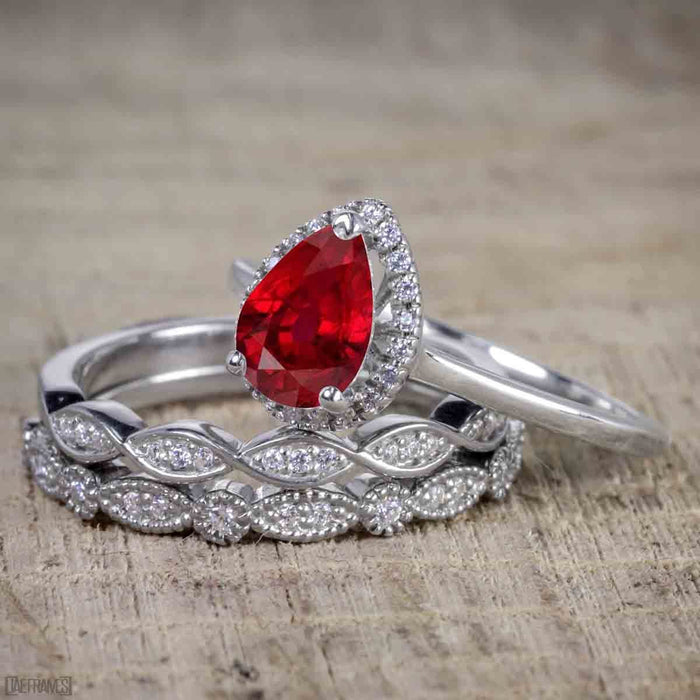 Bestselling 2.50 Carat Pear cut Ruby and Diamond Halo Trio Wedding Bridal Ring Set in White Gold