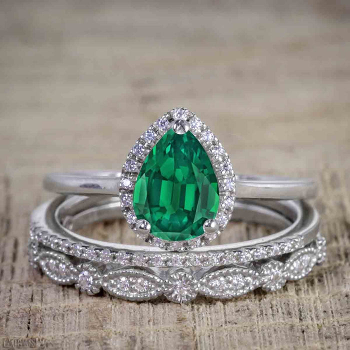 Affordable 2.50 Carat Pear cut Emerald and Diamond Antique Wedding Trio Ring Set in White Gold