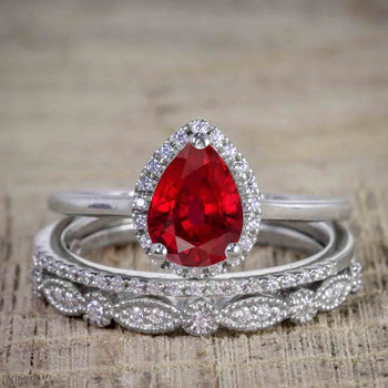 Affordable 2.50 Carat Pear cut Ruby and Diamond Antique Wedding Trio Ring Set in White Gold
