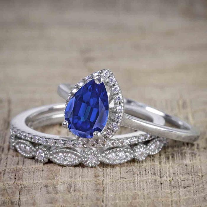 Affordable 1.50 Carat Pear Cut Sapphire and Diamond Antique Wedding Trio Ring Set in White Gold