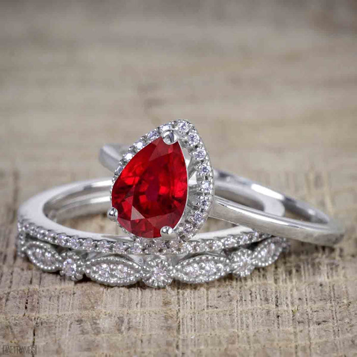 Affordable 2.50 Carat Pear cut Ruby and Diamond Antique Wedding Trio Ring Set in White Gold