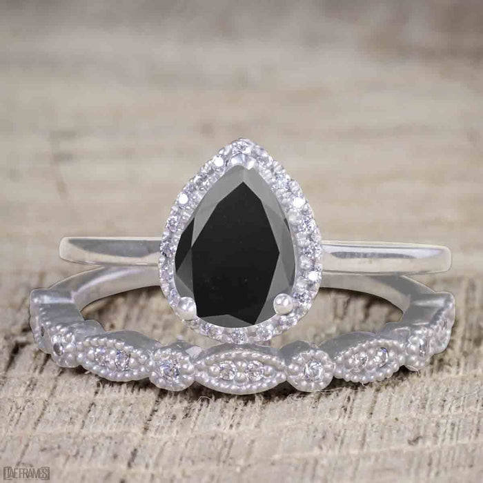 Antique Vintage 1.25 Carat Pear cut Black Diamond Halo Engagement Ring for Women in White Gold