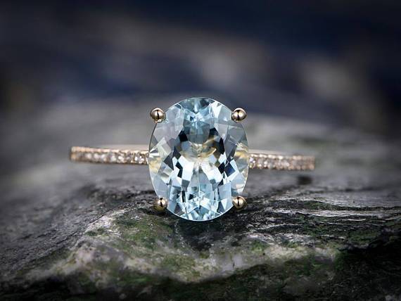 1.5 Carat Oval Cut Aquamarine and Diamond Engagement Ring in Rose Gold