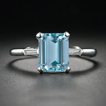 2 Carat Emerald Cut Aquamarine and Baguette Cut Diamond Engagement Ring in White Gold