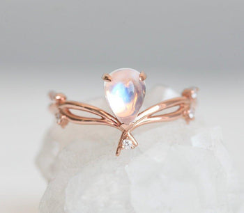 Twig Design 1.10 Carat Pear Shape Cabochon Rainbow Moonstone and Diamond Engagement Ring in Rose Gold