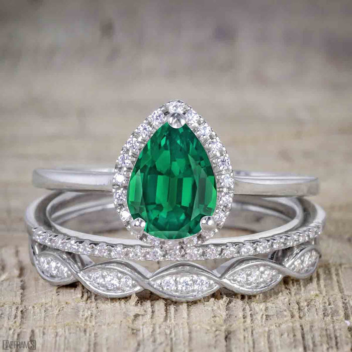 Affordable Antique Artdeco 2.25 Carat Pear Emerald and Diamond Halo Wedding Trio Ring Set in White Gold