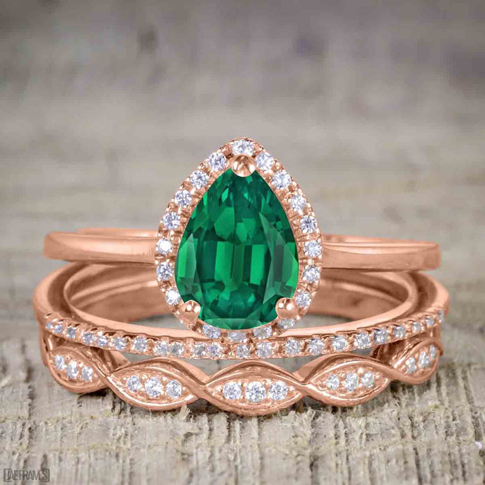 Affordable Antique Artdeco 2.25 Carat Pear Emerald and Diamond Halo Wedding Trio Ring Set in Rose Gold