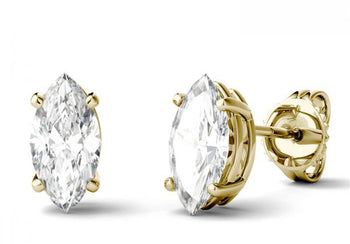 4 Prong 2 Carat Marquise Cut Moissanite Solitaire Stud Earrings in Yellow Gold
