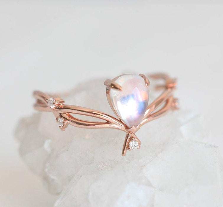 Twig Design 1.10 Carat Pear Shape Cabochon Rainbow Moonstone and Diamond Engagement Ring in Rose Gold