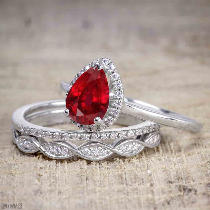 Affordable Antique Artdeco 2.25 Carat Pear Ruby and Diamond Halo Wedding Trio Ring Set in White Gold