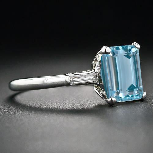 2 Carat Emerald Cut Aquamarine and Baguette Cut Diamond Engagement Ring in White Gold