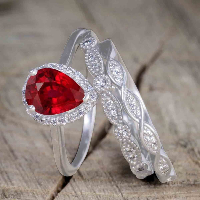 Antique Vintage 2 Carat Pear cut Ruby and Diamond Halo Wedding Ring Set for Women in White Gold