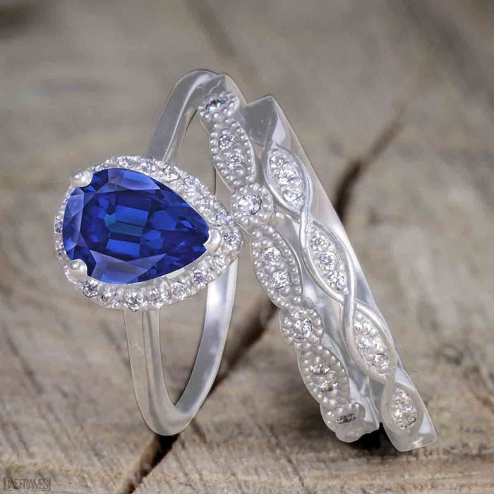 Unique Antique 1.50 Carat Pear Cut Sapphire and Diamond Wedding Ring Set for Women in White Gold