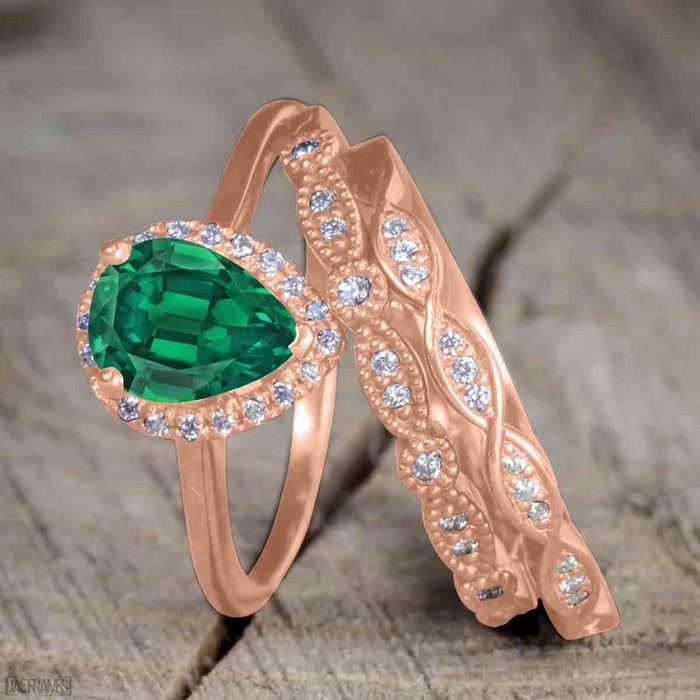 Antique Vintage 2 Carat Pear cut Emerald and Diamond Halo Wedding Ring Set for Women in Rose Gold