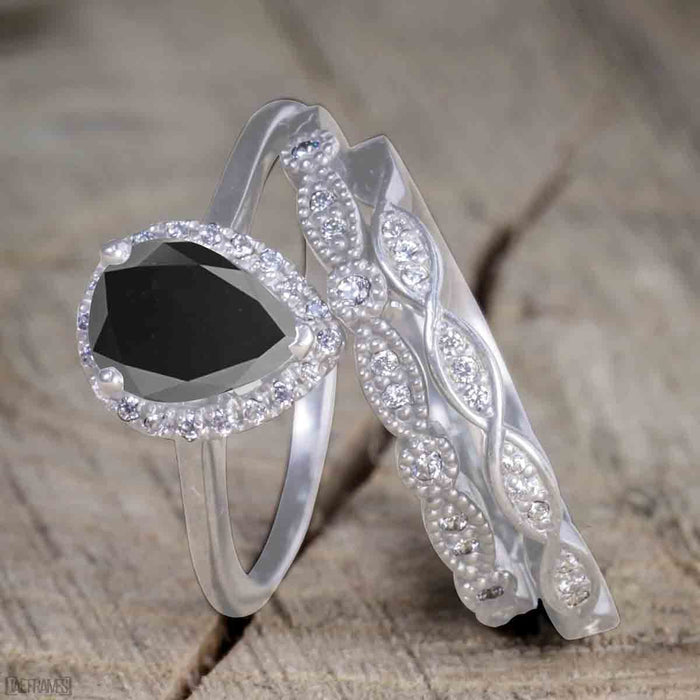 Antique Vintage 1.25 Carat Pear cut Black Diamond Halo Engagement Ring for Women in White Gold