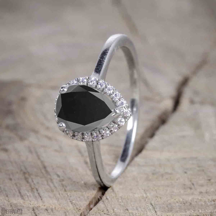 Antique Vintage 1.25 Carat Pear cut Black Diamond Halo Engagement Ring for Women in White Gold