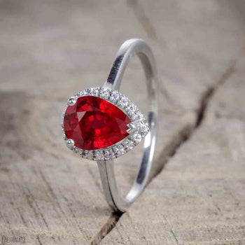 Antique Vintage 2 Carat Pear cut Ruby and Diamond Halo Wedding Ring Set for Women in White Gold