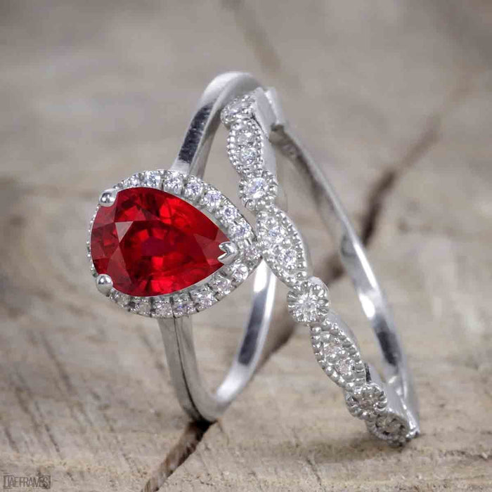 Bestselling 2.50 Carat Pear cut Trio Wedding Ring Set with Ruby and Diamond on White Gold for Her