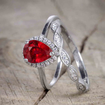 2 Carat Pear cut Ruby and Diamond Bridal Set with semi eternity wedding band in White Gold