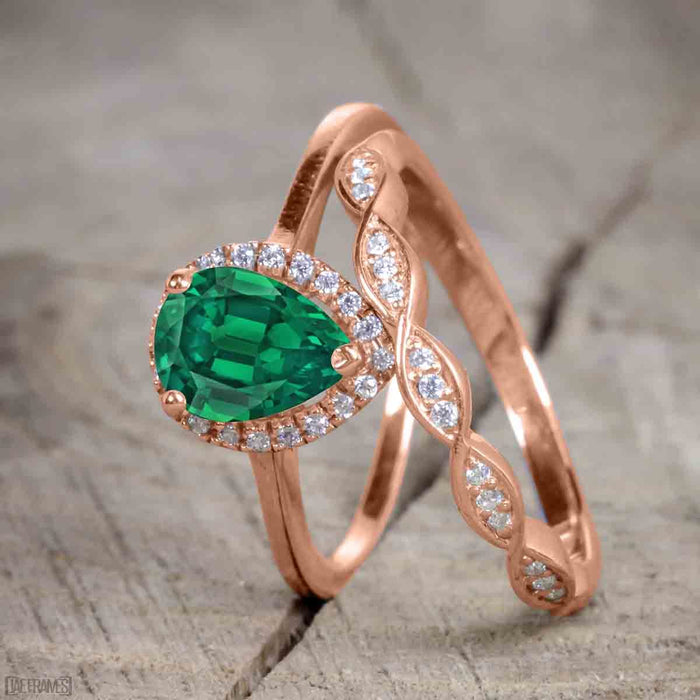 2 Carat Pear cut Emerald and Diamond Bridal Set with semi eternity wedding band in Rose Gold