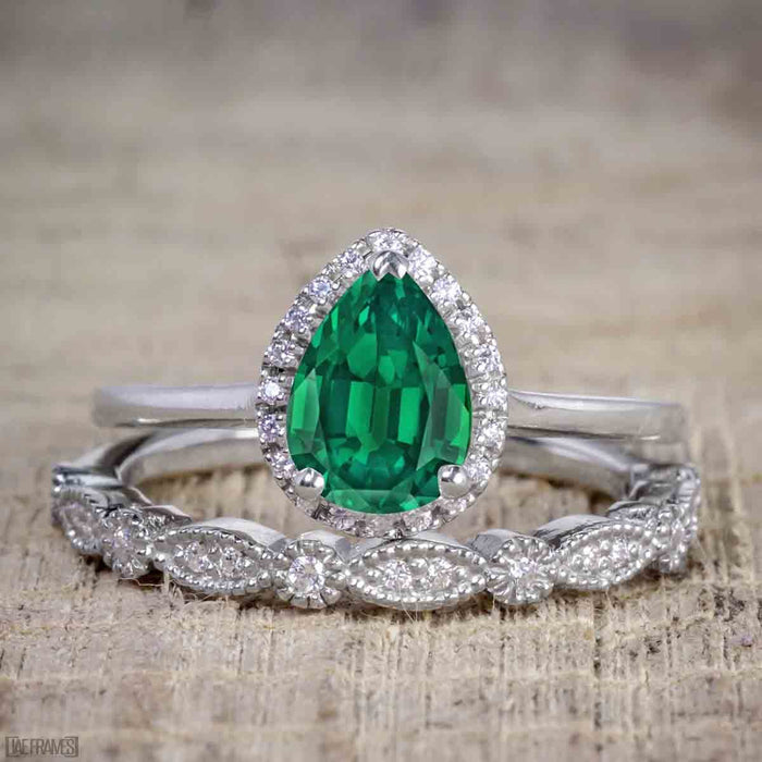 Affordable Antique Artdeco 2.25 Carat Pear Emerald and Diamond Halo Wedding Trio Ring Set in White Gold