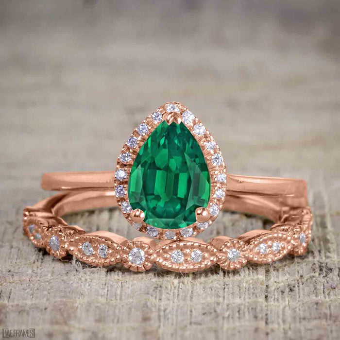 Affordable 2.50 Carat Pear cut Emerald and Diamond Antique Wedding Trio Ring Set in Rose Gold