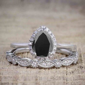 Unique 1.50 Carat Pear Cut Black Diamond Halo Wedding Ring Set for Her in White Gold
