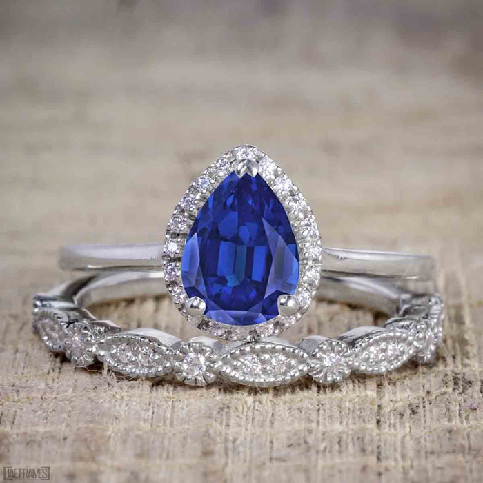 Affordable 1.25 Carat Pear Cut Sapphire and Diamond Antique Wedding Ring in White Gold