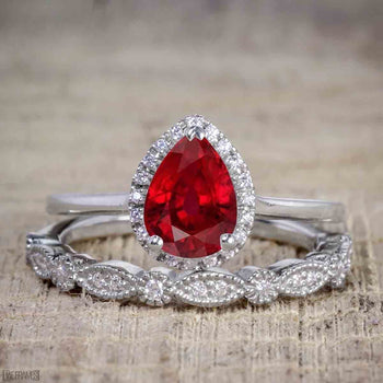 Antique Vintage 1.25 Carat Pear cut Artdeco Halo Engagement Ring with Ruby and Diamond for Her in White Gold