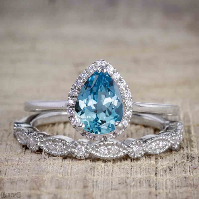 Antique Vintage 1.50 Carat Pear Cut Art Deco Halo Engagement Ring with Aquamarine and Diamond for Her in White Gold