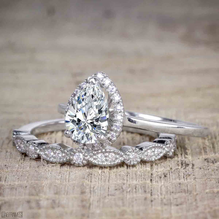 Unique 2 Carat Pear Cut Moissanite and Diamond Halo Wedding Ring Set for Her in White Gold