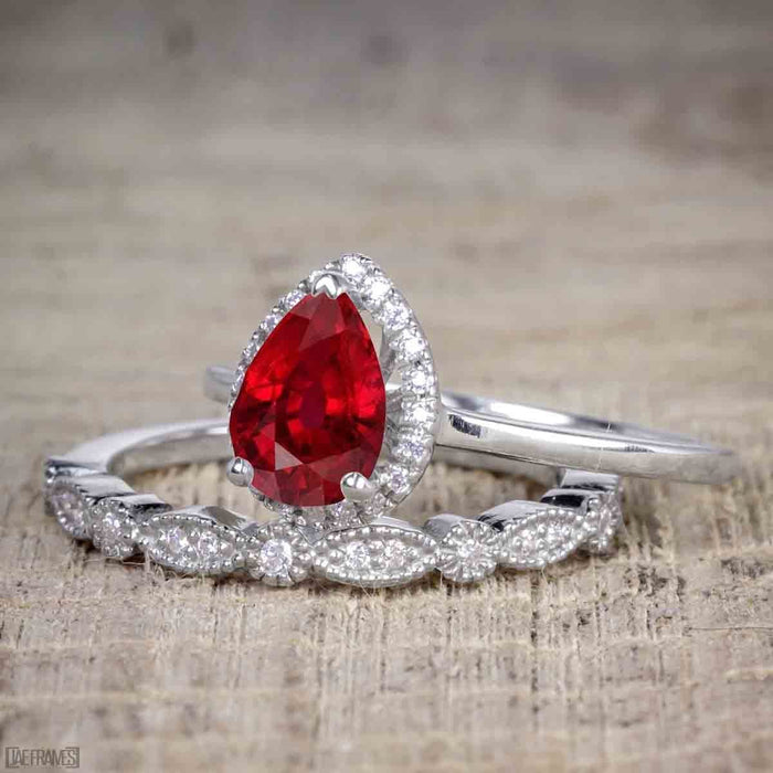 Antique Vintage 1.25 Carat Pear cut Artdeco Halo Engagement Ring with Ruby and Diamond for Her in White Gold
