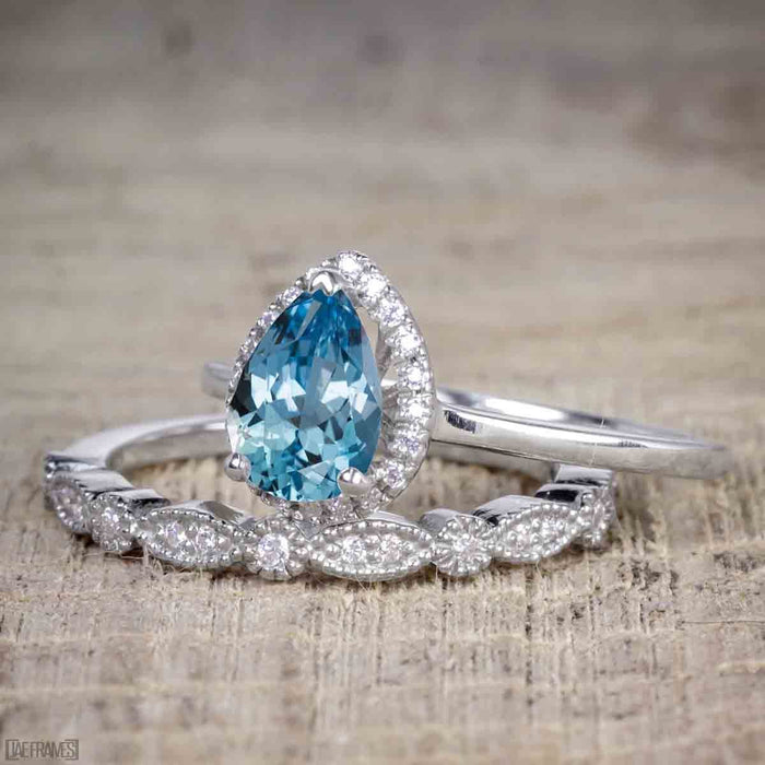 Affordable 1.5 Carat Pear Cut Aquamarine and Diamond Antique Wedding Ring Set in White Gold