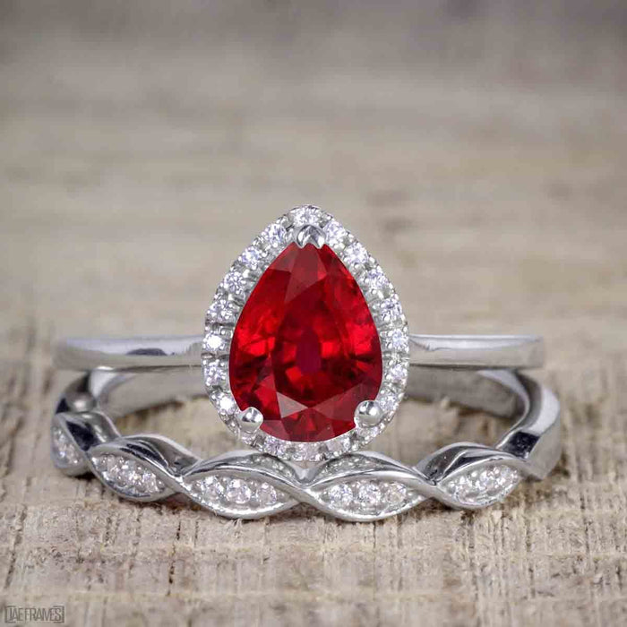 Affordable 2.50 Carat Pear cut Ruby and Diamond Antique Wedding Trio Ring Set in White Gold