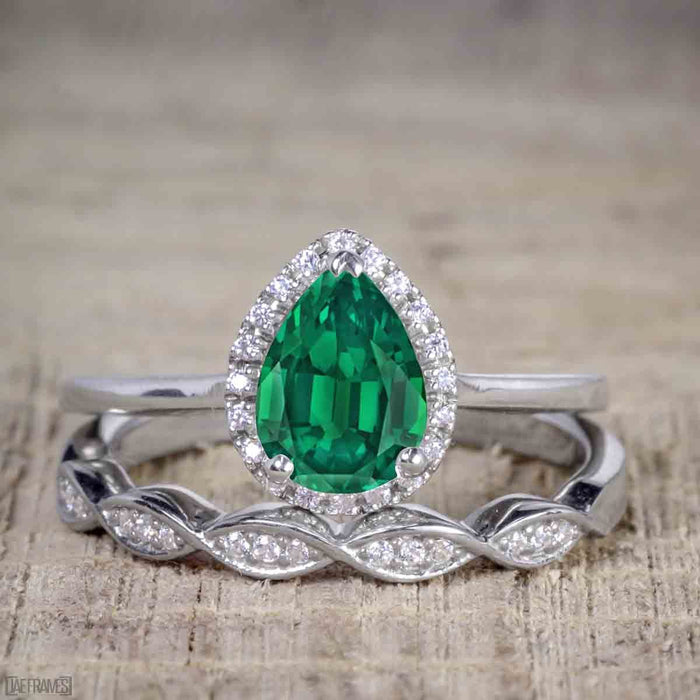 Bestselling 2.50 Carat Pear cut Emerald and Diamond Halo Trio Wedding Bridal Ring Set in White Gold