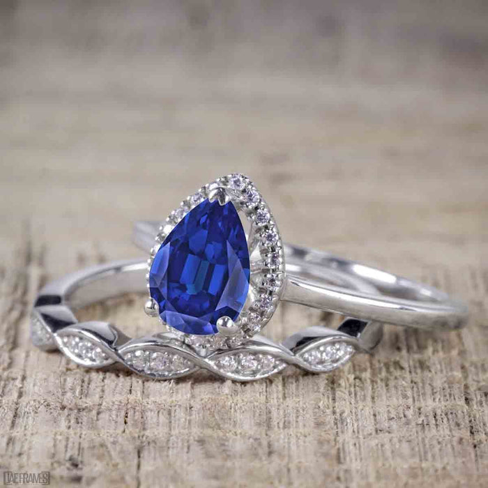 Affordable 1.50 Carat Pear Cut Sapphire and Diamond Antique Wedding Trio Ring Set in White Gold