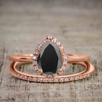 Classic 1.50 Carat Pear Cut Black Diamond Halo Wedding Ring Set for Her in Rose Gold